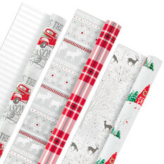 Hallmark Rustic Recyclable Christmas Wrapping Paper (6 Rolls: 180 Sq. ft. Total) Red, White and Hunter Green Plaid, Poinsettias, Snowflakes, Merry