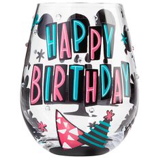 Happy Birthday Gift Glitter Stem Wine Glass - Pink and Turquoise