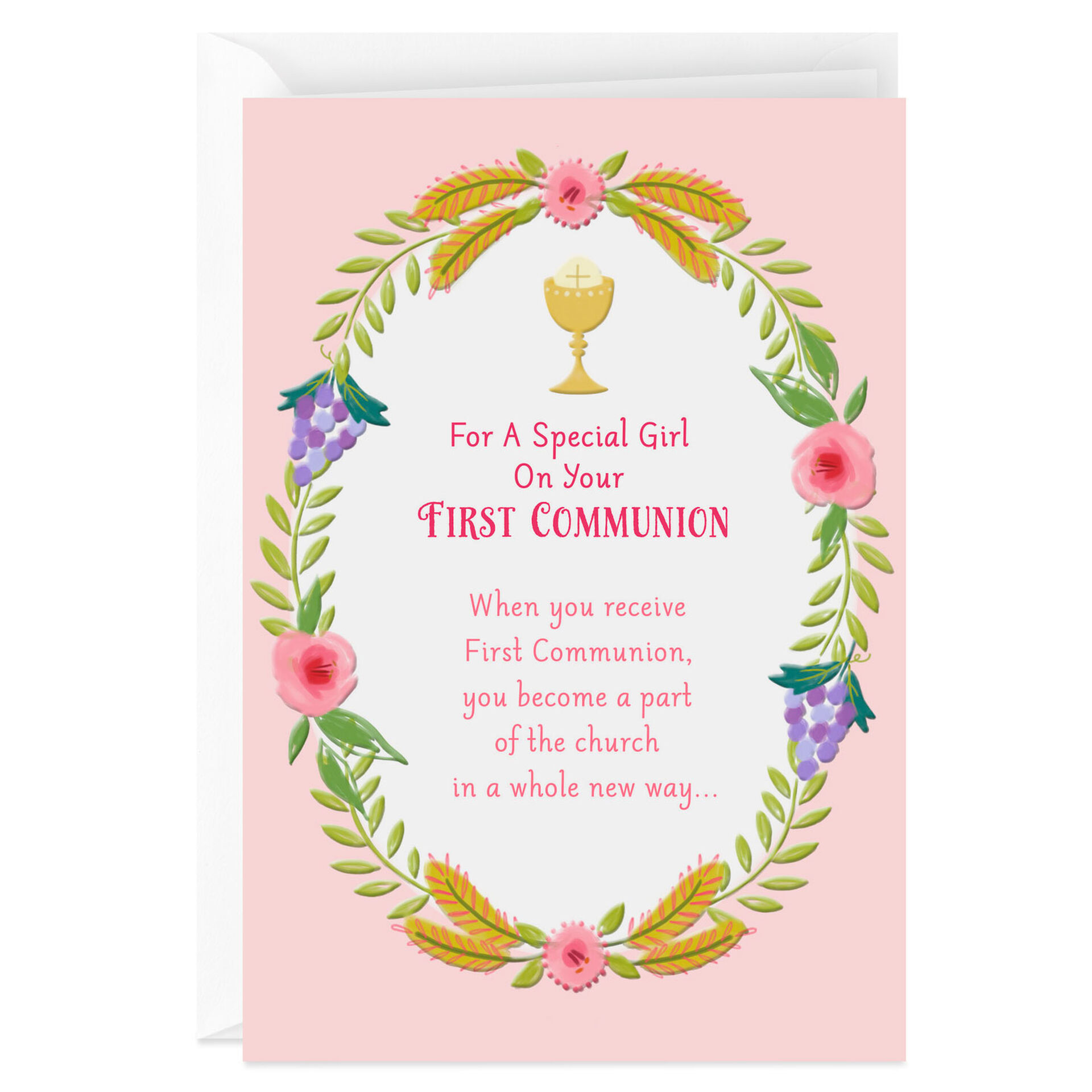 Chalice And Wreath Of Flowers First Communion Card For Girl Greeting 