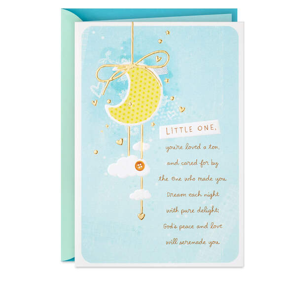Moon With Hearts and Stars Religious Baptism Card for Baby