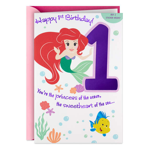 Disney The Little Mermaid First Birthday Card for Girl With Sticker