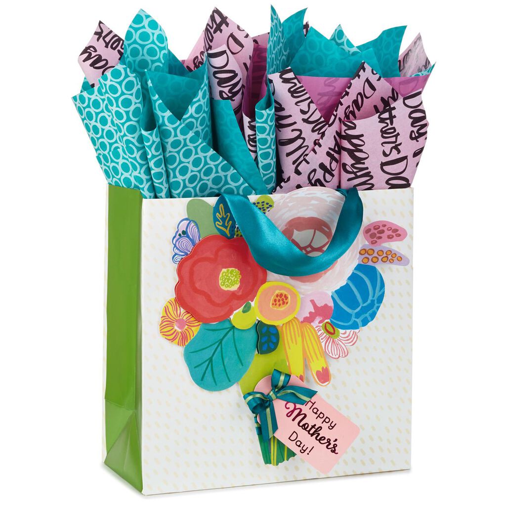 Flower Bouquet Mother's Day Large Square Gift Bag With Tissue Paper, 10
