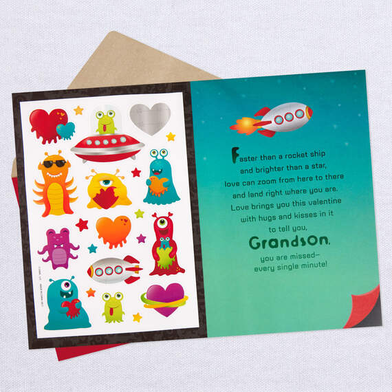 Grandson Valentine's Day Card With Alien Stickers and Coloring Sheet, , large image number 3