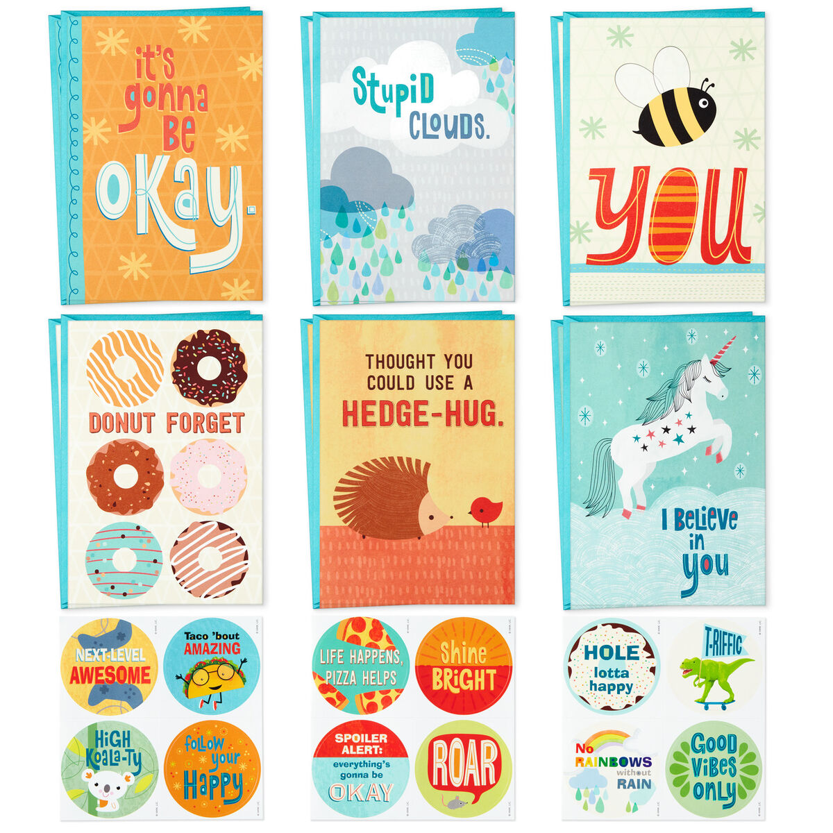 Whimsical Assorted Kids' Encouragement Cards With Stickers, Pack of 12 ...