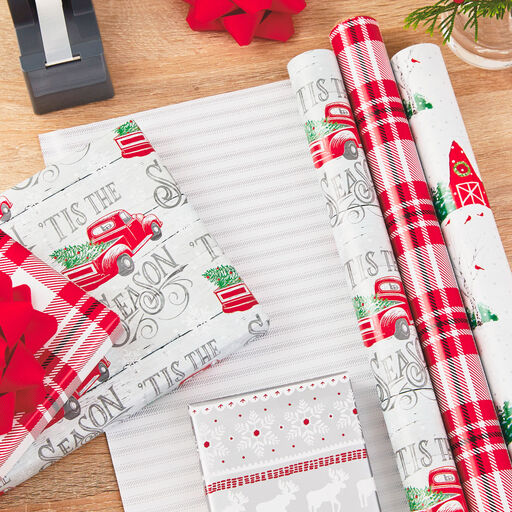 Hallmark Christmas Wrapping Paper Jumbo Rolls with Cut Lines on Reverse (2  Rolls, 4 Designs: 160 Sq. Ft. Ttl) Black and Gold Trees, Snowflakes, Plaid