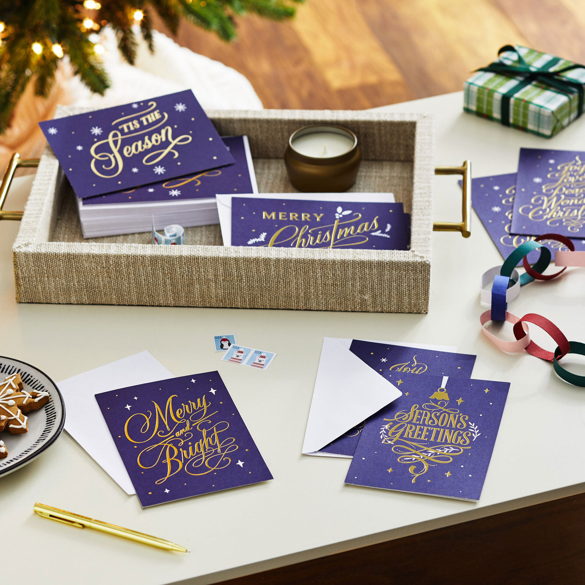 Gold Foil on Navy Boxed Christmas Cards Assortment, Pack of 72 - Boxed ...