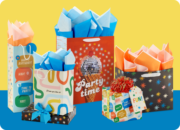 Different gift wrap with a bright and vibrant theme.