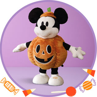 Plush Mickey Mouse dressed as a jack-o-lantern