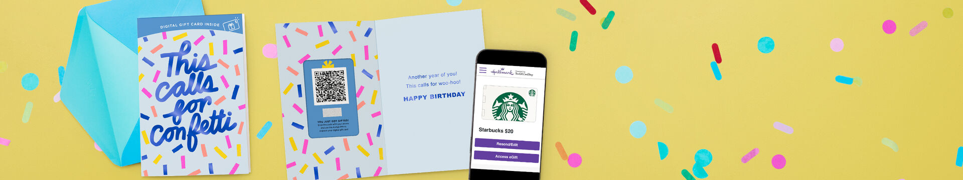 Birthday card with digital gift card capability and phone showing the code. 