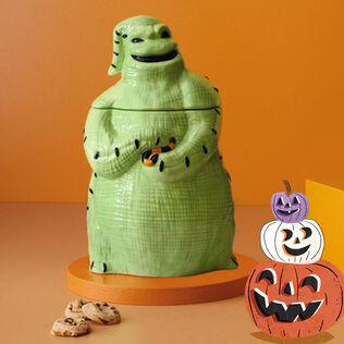 A cookie jar featuring a character from The Nightmare Before Christmas.