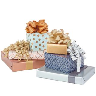 Packages wrapped in various wrapping paper designs